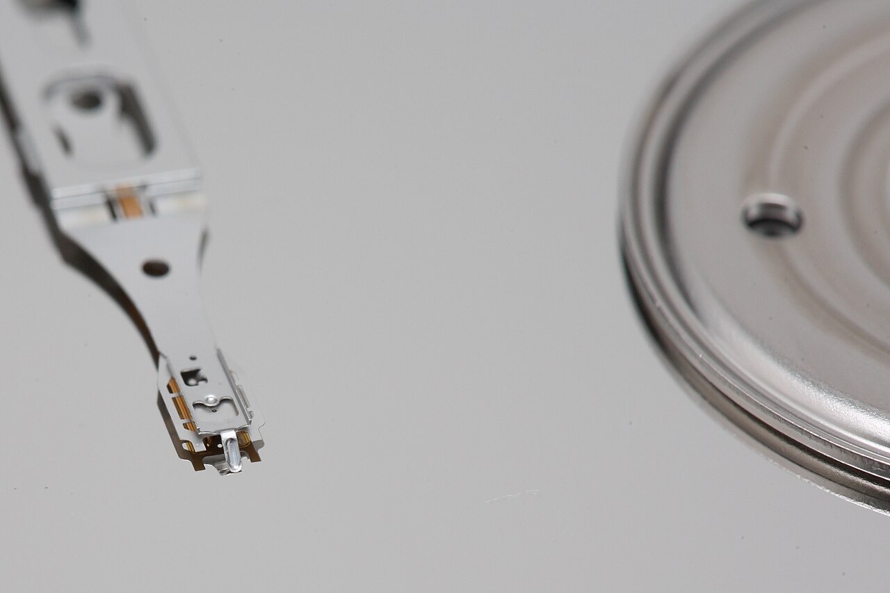 Macro view of a hard-disk platter and read-write head